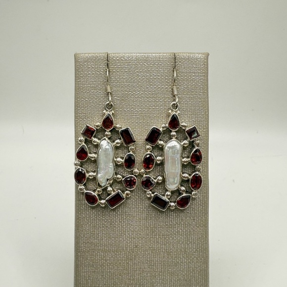 Jewelry - Vintage 925 Sterling Silver Garnet & Baroque Pearl Dangle Earrings 19.46g